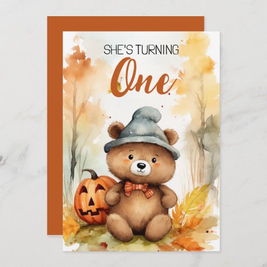 Waterverf Wit & Bruin Herfst Beer 1e Verjaardag Kaart (Voorkant / Achterkant)