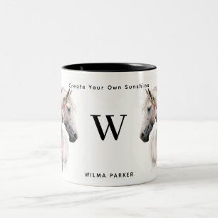 Waterverf Wit Eenhoorn Paard Monogram w / naam Tweekleurige Koffiemok