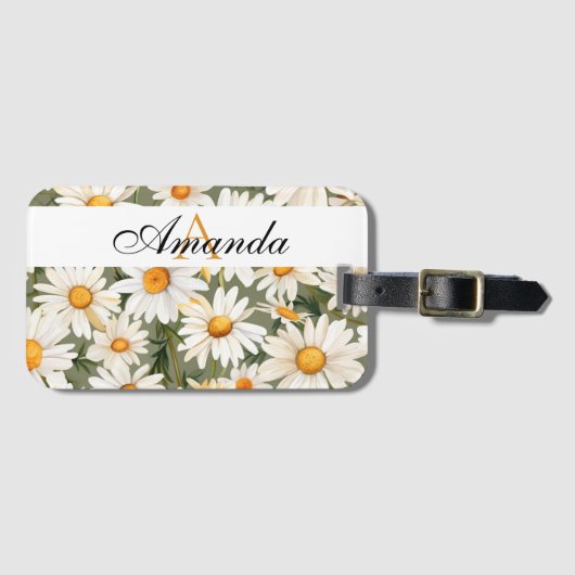 Waterverf Wit en Groen Daisy Patroon Monogram Bagagelabel (Voorkant (horizontaal))