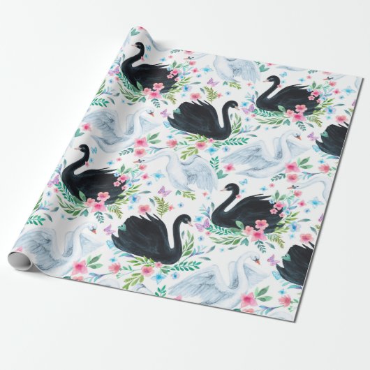 Waterverf wit en zwart swan-meer naadloos cadeaupapier (Uitgerold)