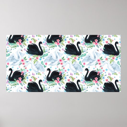Waterverf wit en zwart swan-meer naadloos poster (Voorkant)