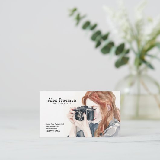Waterverf Wit en Zwart Vrouw Fotograaf Visitekaartje (Staand voorkant)