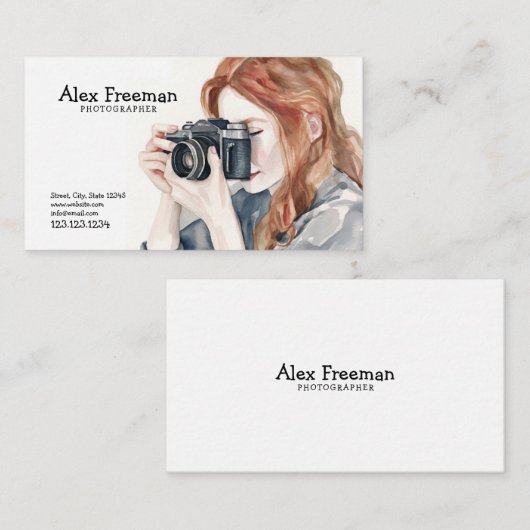 Waterverf Wit en Zwart Vrouw Fotograaf Visitekaartje (Voorkant / Achterkant)