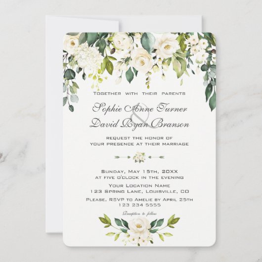 Waterverf Wit-Floral Bloom Wedding Kaart (Voorkant)