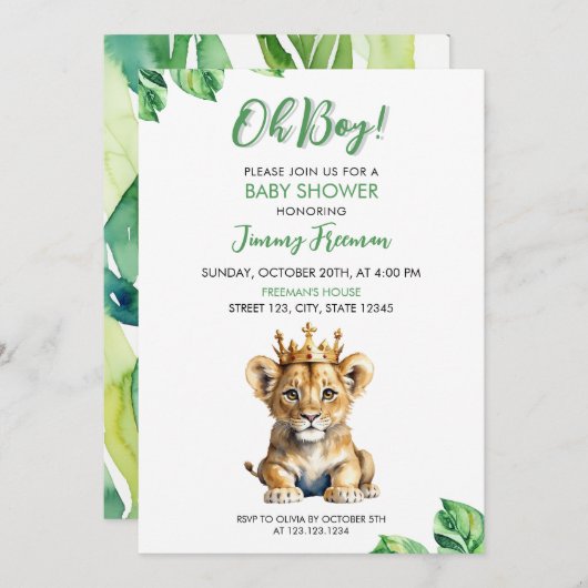 Waterverf Wit & Groen Schattige Leeuw Baby shower Kaart (Voorkant / Achterkant)