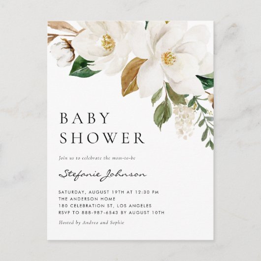 Waterverf Wit Magnolia rustiek Baby shower Uitnodiging Briefkaart (Voorkant)