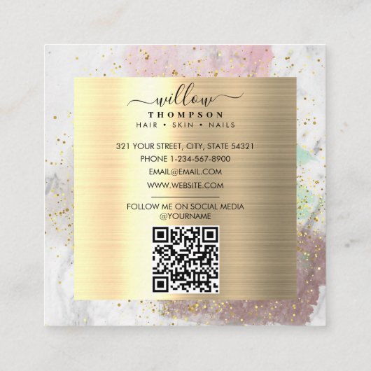 Waterverf Wit Marmer Faux Gold Glitter QR-code Vierkante Visitekaartje (Achterkant)