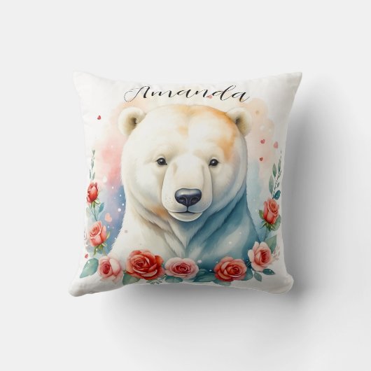 Waterverf Wit Polar Beer Bloemen Kussen (Achterkant)