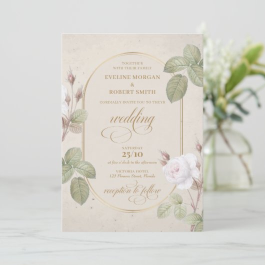  waterverf wit rose gouden boho boog kaart (Staand voorkant)