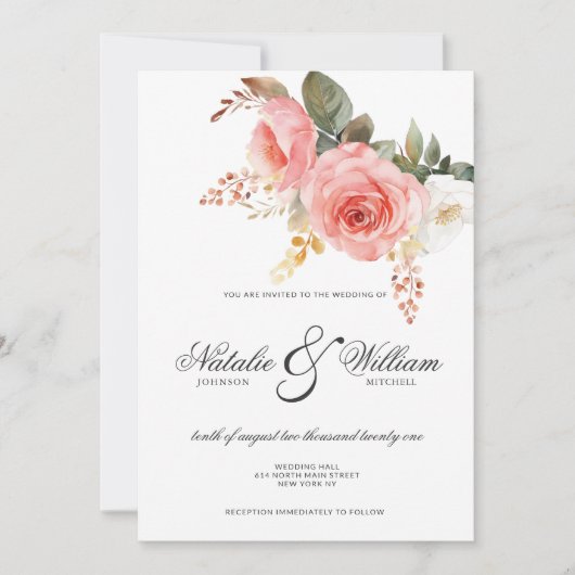 Waterverf wit roze koraal rozen bloemenbruiloft kaart (Voorkant)