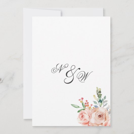 Waterverf wit roze koraal rozen bloemenbruiloft kaart (Achterkant)