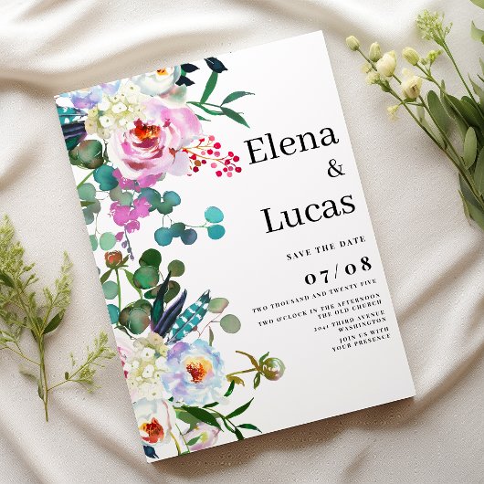 Waterverf wit roze mint pioen bloemenbruiloft kaart