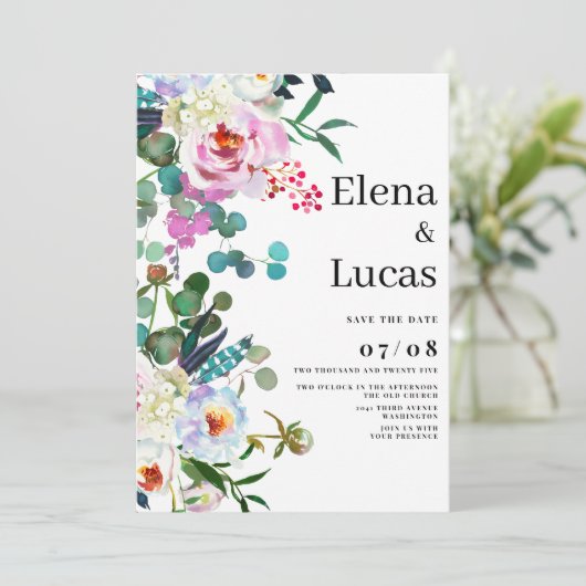 Waterverf wit roze mint pioen bloemenbruiloft kaart (Staand voorkant)