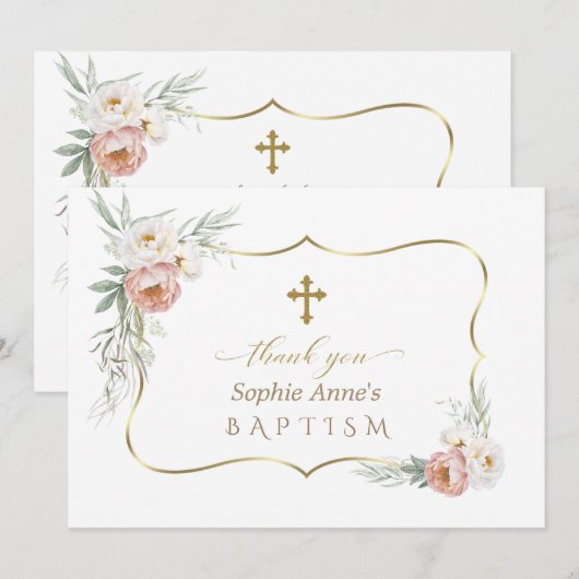 Waterverf Wit Stoffig Roos Bloemen Doop Bedankkaart (Voorkant / Achterkant)
