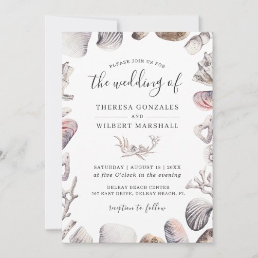 Waterverf Wit Zee Shell Strand Zand Bruiloft Kaart (Voorkant)