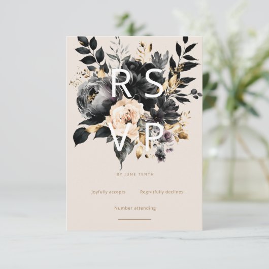 Waterverf Wit Zwart Goud Bloemen RSVP Card (Staand voorkant)