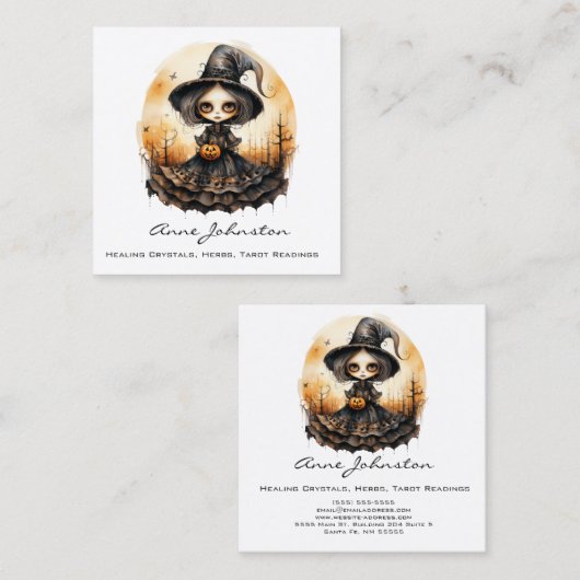 Waterverf Witch Doll Halloween Vierkante Visitekaartje (Voorkant / Achterkant)