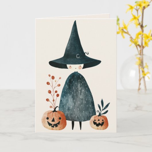 Waterverf Witch & Jack o Lantaarns Happy Halloween Kaart (Gele Bloem)
