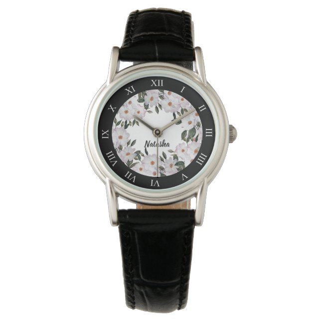 Waterverf Witte Bleke roze rozen Wreatcirkel Horloge (Voorkant)