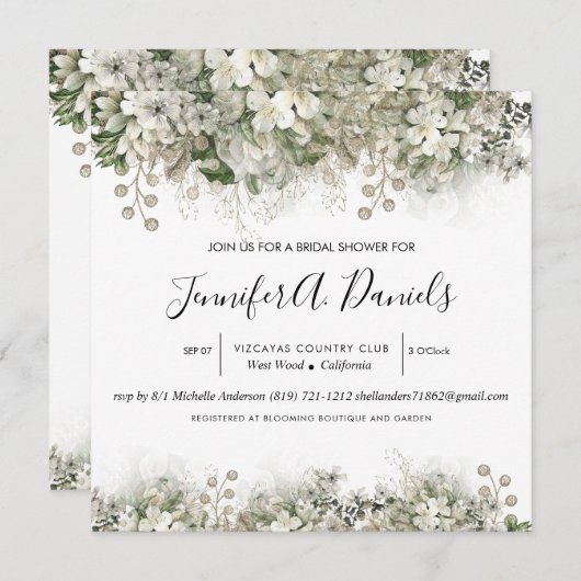 Waterverf Witte Bloem Bruids Douche Uitnodiging (Voorkant / Achterkant)