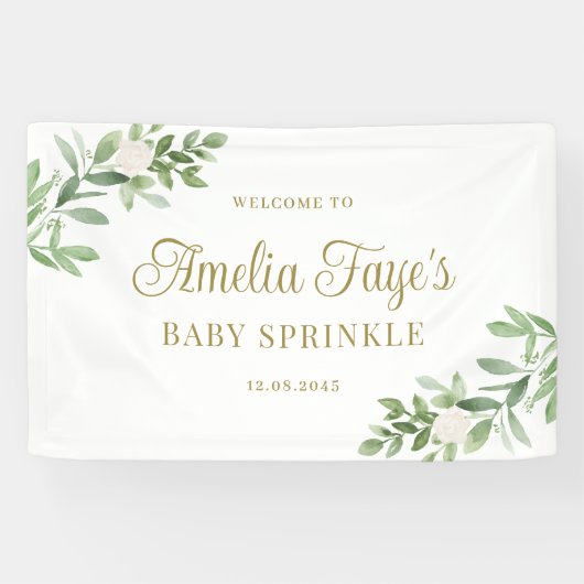 Waterverf Witte Bloem en Groene Baby Sprinkle Spandoek (Horizontaal)