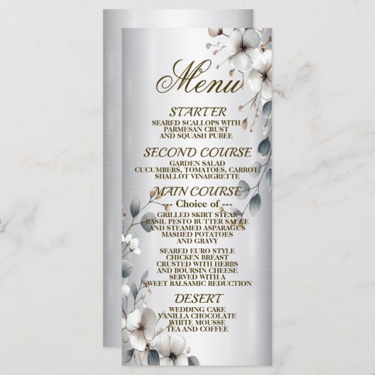 Waterverf Witte Bloem Gouden Lijst Zilver Diner Menu (Voorkant / Achterkant)