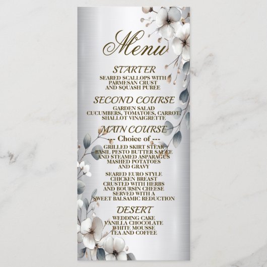 Waterverf Witte Bloem Gouden Lijst Zilver Diner Menu (Voorkant)