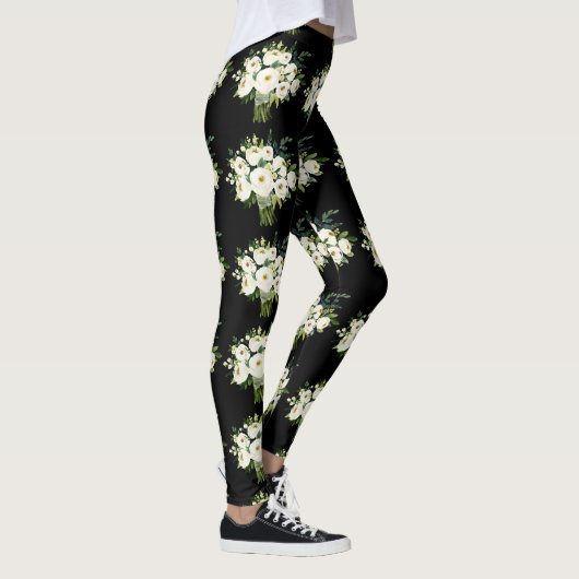 Waterverf Witte Bloemen Boeket Zwart Patroon Leggings (Rechts)