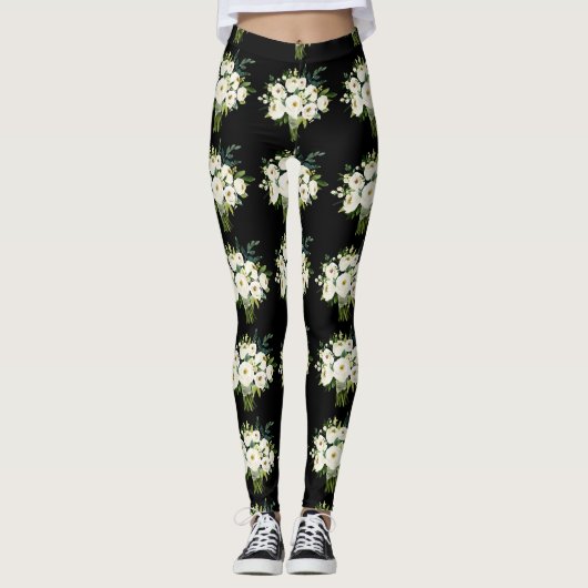 Waterverf Witte Bloemen Boeket Zwart Patroon Leggings (Voorkant)