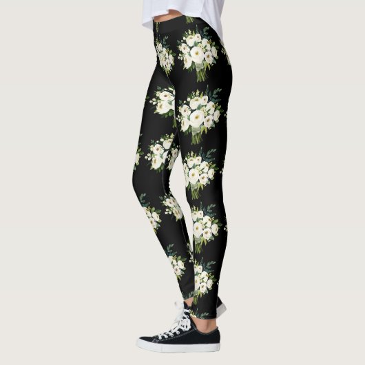Waterverf Witte Bloemen Boeket Zwart Patroon Leggings (Links)