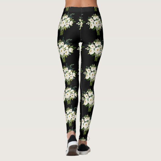 Waterverf Witte Bloemen Boeket Zwart Patroon Leggings (Achterkant)