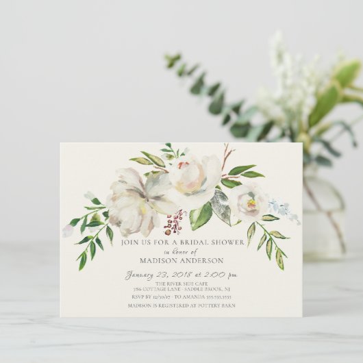 Waterverf Witte Bloemen Bruidsdouche Uitnodiging (Staand voorkant)