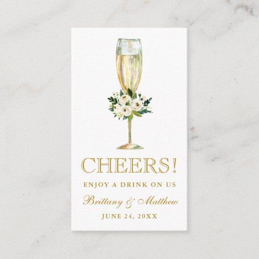 Waterverf Witte Bloemen Bruiloft Drink Ticket Kaar Informatiekaartje (Voorkant)