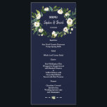 Waterverf Witte Bloemen Donkerblauw Trouwmenu Menu<br><div class="desc">Uniek en elegant kaartontwerp met aquarel geschilderde witte rozen en pioenrozen op een rijke donkerblauwe achtergrond. Een trendy combinatie: wit (bloemen en script) en donkerblauw! Op de achterkant: pijlen met een wit bloemenboeket. Gebruik het gereedschap Aanpassen om uw gegevens toe te voegen, lettertypen en achtergrondkleuren te wijzigen. Voor overeenkomende items,...</div>