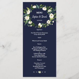 Waterverf Witte Bloemen Donkerblauw Trouwmenu Menu