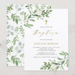 Waterverf Witte bloemen en groen doop Kaart