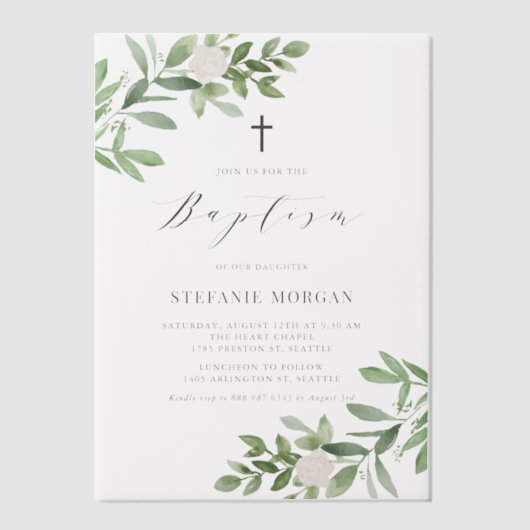 Waterverf Witte bloemen en groen doop Vellum Uitnodigingen (Voorkant)