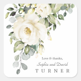 Waterverf Witte bloemen Eucalyptu Foliage Weddensc Vierkante Sticker