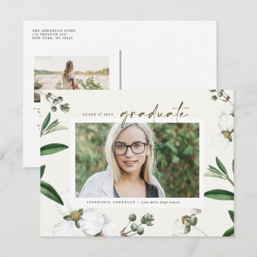  Waterverf Witte Bloemen Foto Afstuderen Aankondigingskaart (Voorkant / Achterkant)