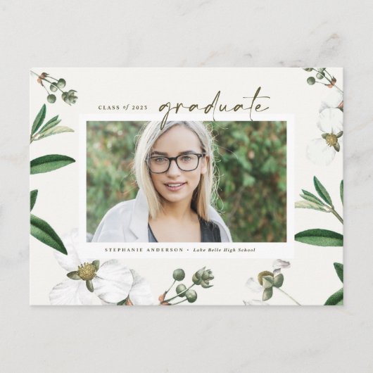  Waterverf Witte Bloemen Foto Afstuderen Aankondigingskaart (Voorkant)