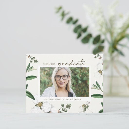  Waterverf Witte Bloemen Foto Afstuderen Aankondigingskaart (Staand voorkant)