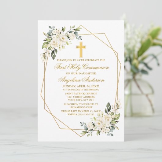 Waterverf Witte Bloemen Geo Lijst Gouden Communie Kaart (Staand voorkant)