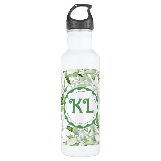  Waterverf witte bloemen gepersonaliseerd Waterfles (Voorkant)
