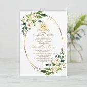 Waterverf Witte Bloemen Gouden Eerste Heilige Comm Kaart (Staand voorkant)