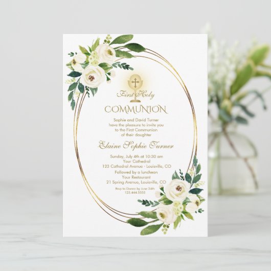 Waterverf Witte Bloemen Gouden Eerste Heilige Comm Kaart (Staand voorkant)