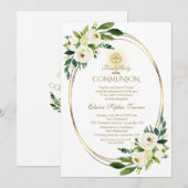 Waterverf Witte Bloemen Gouden Eerste Heilige Comm Kaart (Voorkant / Achterkant)