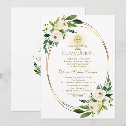 Waterverf Witte Bloemen Gouden Eerste Heilige Comm Kaart (Voorkant / Achterkant)