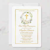 Waterverf Witte Bloemen Gouden Kruis Communie Kaart (Voorkant)