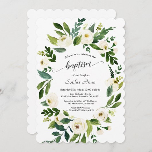 Waterverf Witte Bloemen Gouden Kruis Meisje Doop Kaart (Voorkant / Achterkant)