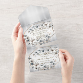 Waterverf Witte Bloemen Gouden Lijst Zilver Blauwg All In One Uitnodiging